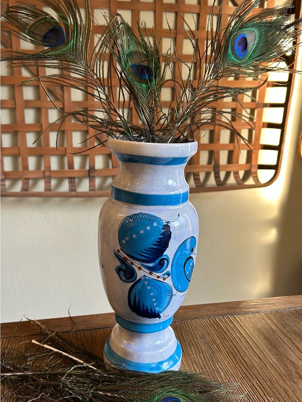 Blue Hand-Painted Pottery Vase with Bird and Floral Motif|Tonala Made in Mexico